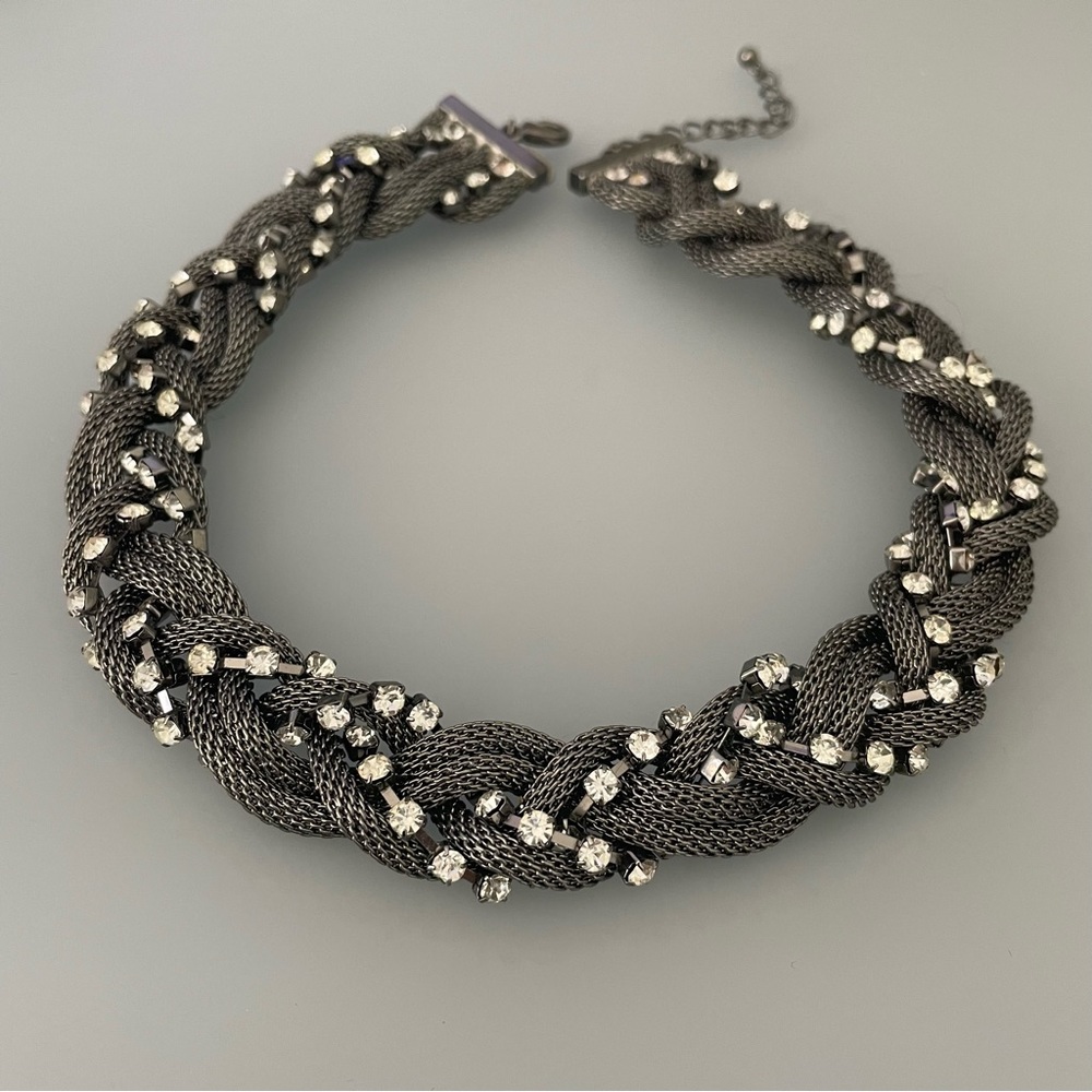 EXPRESS Gunmetal Braided Woven Chain Rhinestone Necklace Adjustable 15.5”-18.5”